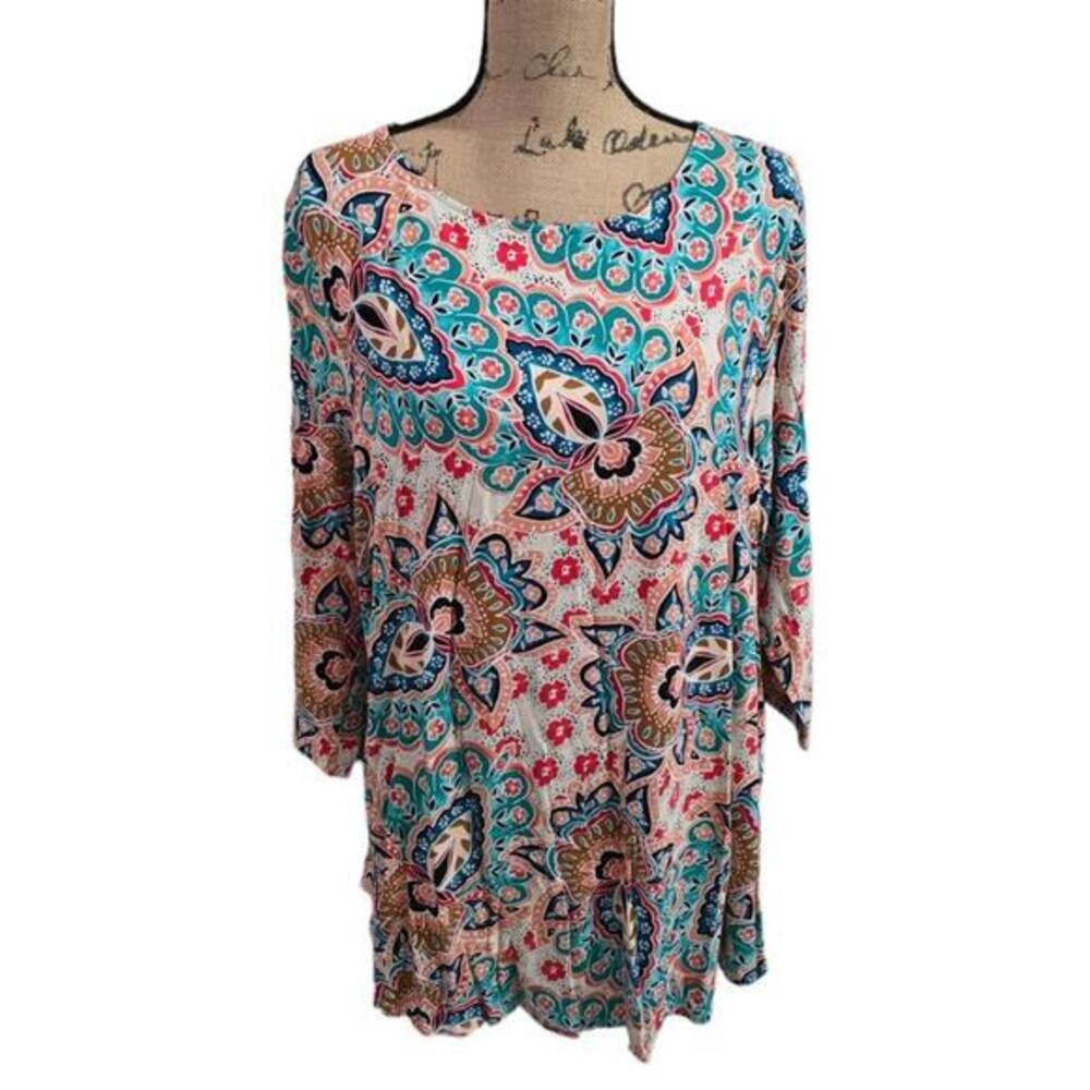 Chicos Size 3 Large XL Paisley Floral Knit Tunic Top Multi-Color‎ 3/4 Sleeve